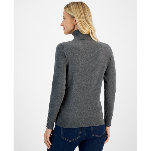 타미힐피거 Womens Cotton Solid Button Cuff Turtleneck Sweater