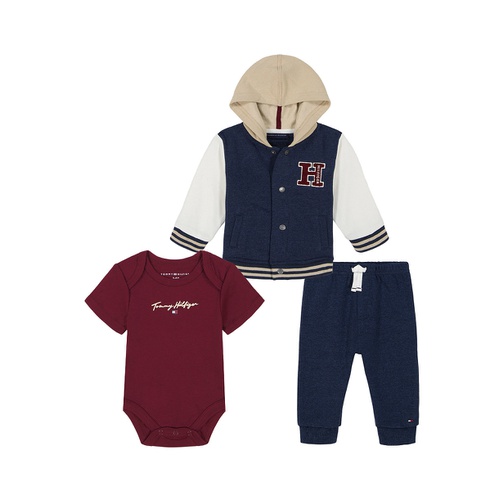 타미힐피거 Baby Boy Fleece Hooded Baseball Jacket Short Sleeve Bodysuit and Joggers 3 Piece Set