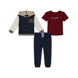 Baby Boy Fleece Hooded Baseball Jacket Short Sleeve Tee and Joggers 3 Piece Set