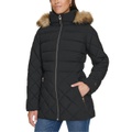 Womens Bibbed Faux-Fur-Trim Hooded Puffer Coat