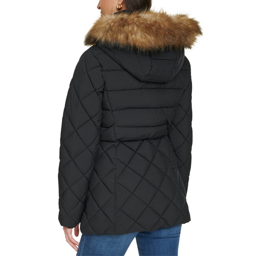 타미힐피거 Womens Bibbed Faux-Fur-Trim Hooded Puffer Coat