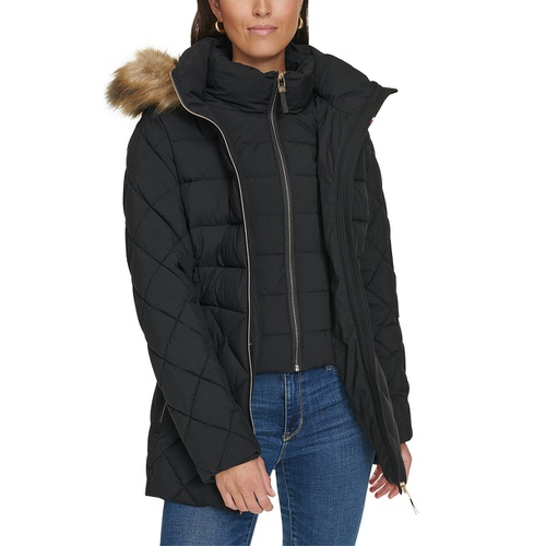 타미힐피거 Womens Bibbed Faux-Fur-Trim Hooded Puffer Coat