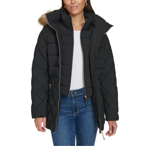 타미힐피거 Womens Bibbed Faux-Fur-Trim Hooded Puffer Coat