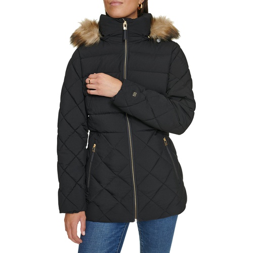 타미힐피거 Womens Bibbed Faux-Fur-Trim Hooded Puffer Coat