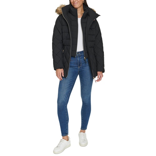 타미힐피거 Womens Bibbed Faux-Fur-Trim Hooded Puffer Coat