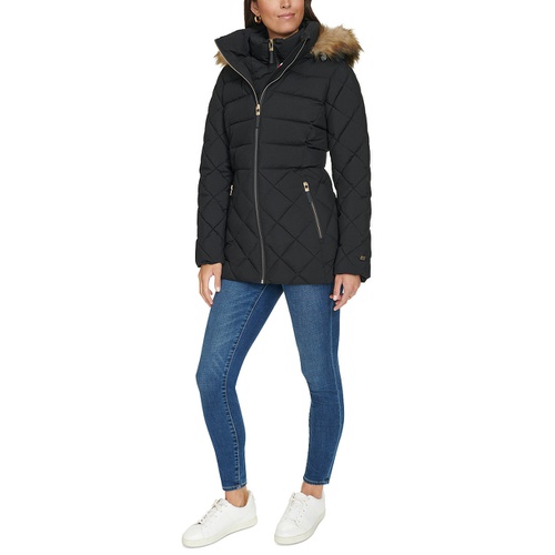 타미힐피거 Womens Bibbed Faux-Fur-Trim Hooded Puffer Coat