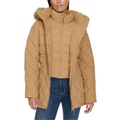 Womens Bibbed Faux-Fur-Trim Hooded Puffer Coat