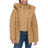 Womens Bibbed Faux-Fur-Trim Hooded Puffer Coat