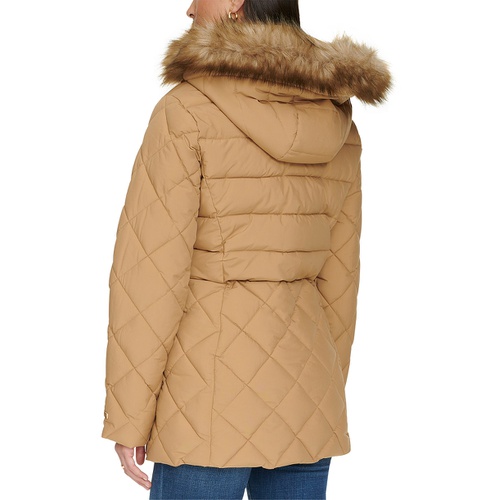 타미힐피거 Womens Bibbed Faux-Fur-Trim Hooded Puffer Coat