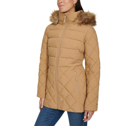 타미힐피거 Womens Bibbed Faux-Fur-Trim Hooded Puffer Coat