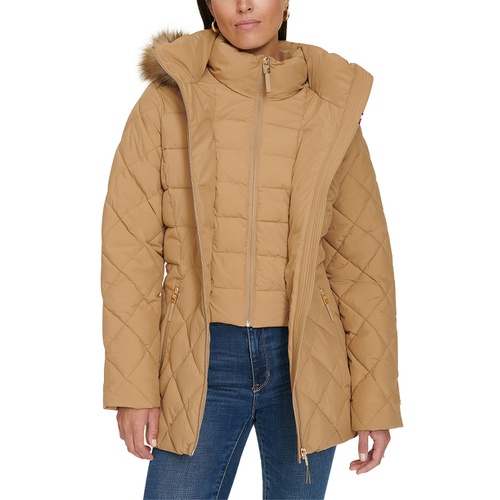 타미힐피거 Womens Bibbed Faux-Fur-Trim Hooded Puffer Coat