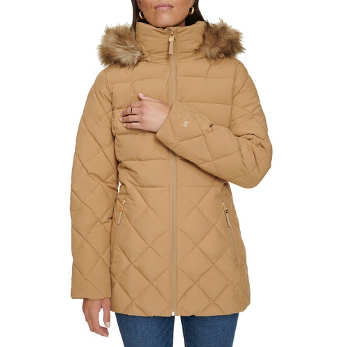 타미힐피거 Womens Bibbed Faux-Fur-Trim Hooded Puffer Coat