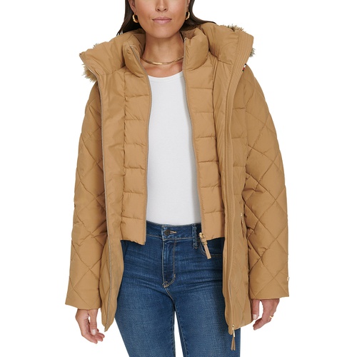 타미힐피거 Womens Bibbed Faux-Fur-Trim Hooded Puffer Coat