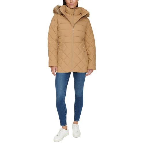 타미힐피거 Womens Bibbed Faux-Fur-Trim Hooded Puffer Coat