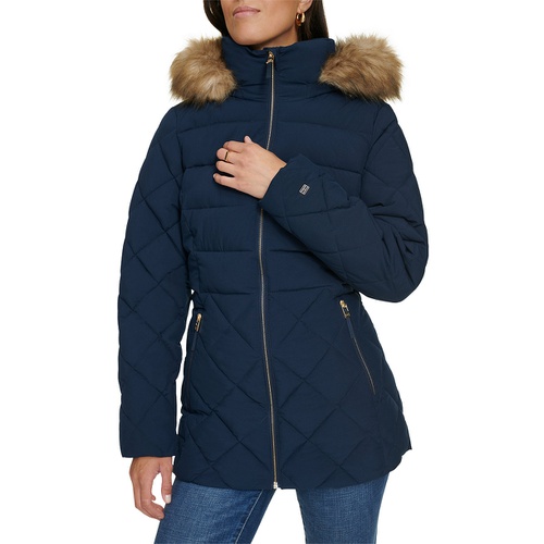 타미힐피거 Womens Bibbed Faux-Fur-Trim Hooded Puffer Coat