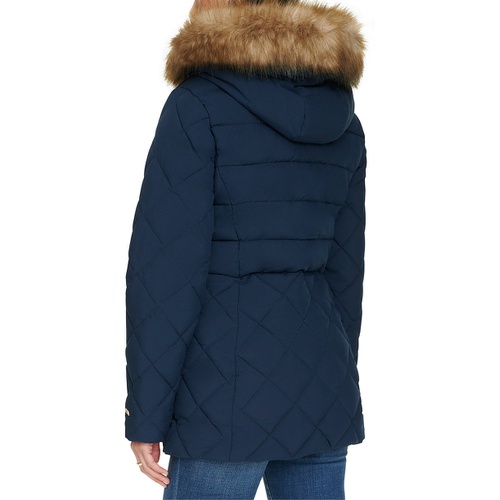 타미힐피거 Womens Bibbed Faux-Fur-Trim Hooded Puffer Coat