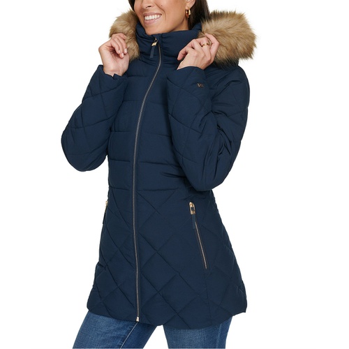 타미힐피거 Womens Bibbed Faux-Fur-Trim Hooded Puffer Coat