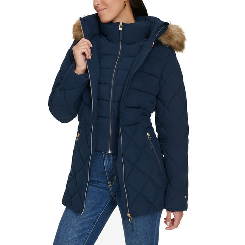 타미힐피거 Womens Bibbed Faux-Fur-Trim Hooded Puffer Coat