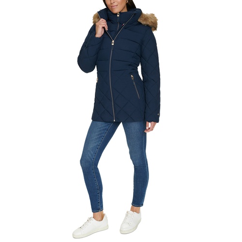 타미힐피거 Womens Bibbed Faux-Fur-Trim Hooded Puffer Coat