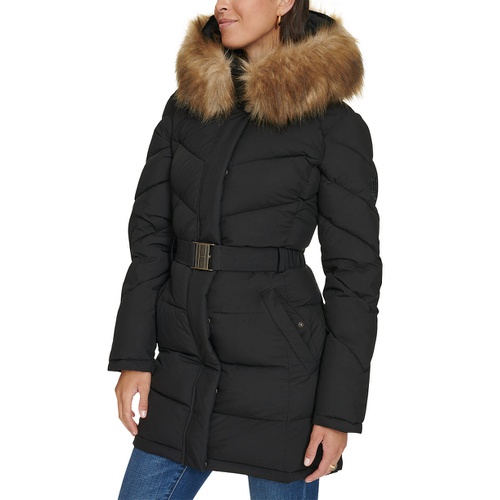 타미힐피거 Womens Faux-Fur-Trim Hooded Puffer Coat