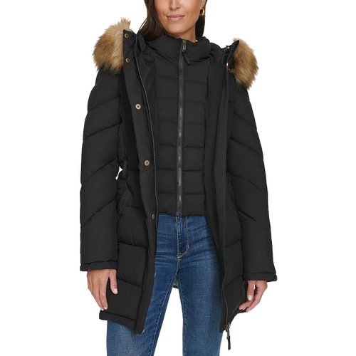 타미힐피거 Womens Faux-Fur-Trim Hooded Puffer Coat