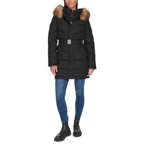 타미힐피거 Womens Faux-Fur-Trim Hooded Puffer Coat