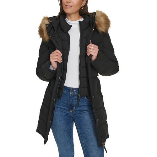 타미힐피거 Womens Faux-Fur-Trim Hooded Puffer Coat