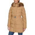 Womens Faux-Fur-Trim Hooded Puffer Coat