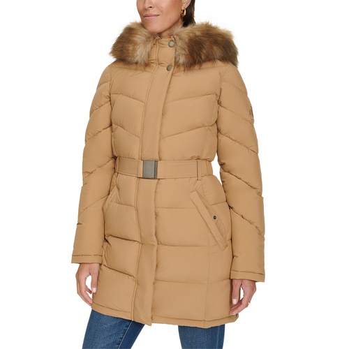 타미힐피거 Womens Faux-Fur-Trim Hooded Puffer Coat