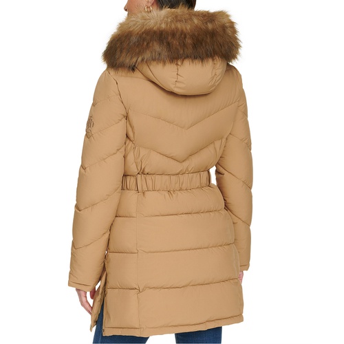 타미힐피거 Womens Faux-Fur-Trim Hooded Puffer Coat