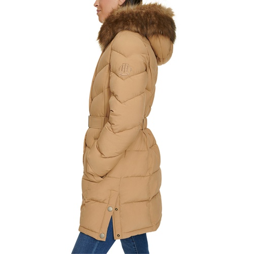 타미힐피거 Womens Faux-Fur-Trim Hooded Puffer Coat