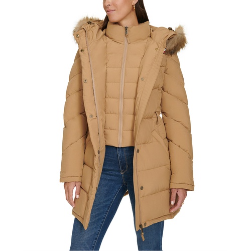 타미힐피거 Womens Faux-Fur-Trim Hooded Puffer Coat