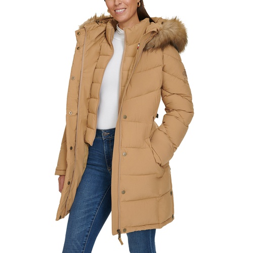 타미힐피거 Womens Faux-Fur-Trim Hooded Puffer Coat