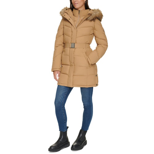 타미힐피거 Womens Faux-Fur-Trim Hooded Puffer Coat