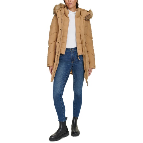 타미힐피거 Womens Faux-Fur-Trim Hooded Puffer Coat