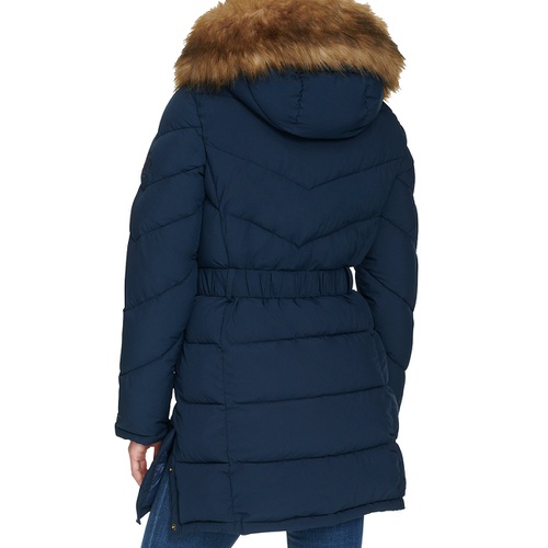 타미힐피거 Womens Faux-Fur-Trim Hooded Puffer Coat