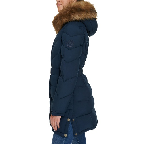 타미힐피거 Womens Faux-Fur-Trim Hooded Puffer Coat