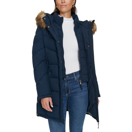 타미힐피거 Womens Faux-Fur-Trim Hooded Puffer Coat