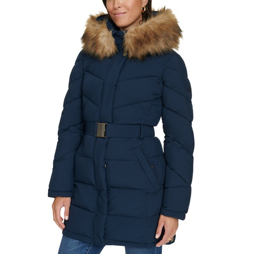 타미힐피거 Womens Faux-Fur-Trim Hooded Puffer Coat