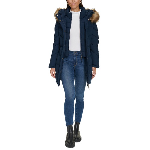 타미힐피거 Womens Faux-Fur-Trim Hooded Puffer Coat