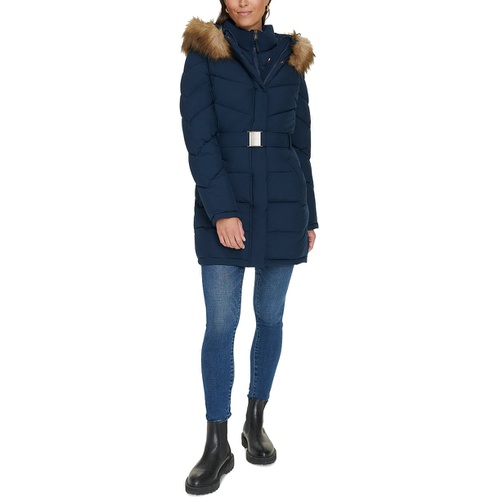 타미힐피거 Womens Faux-Fur-Trim Hooded Puffer Coat