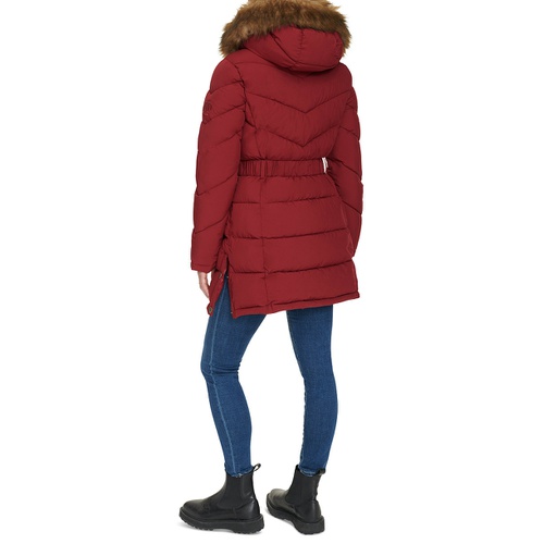 타미힐피거 Womens Faux-Fur-Trim Hooded Puffer Coat