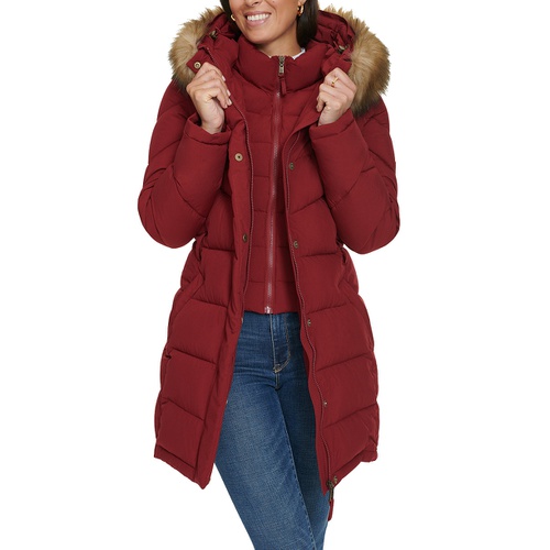 타미힐피거 Womens Faux-Fur-Trim Hooded Puffer Coat