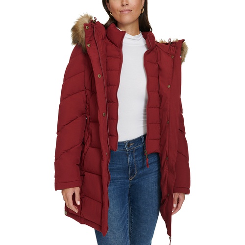 타미힐피거 Womens Faux-Fur-Trim Hooded Puffer Coat