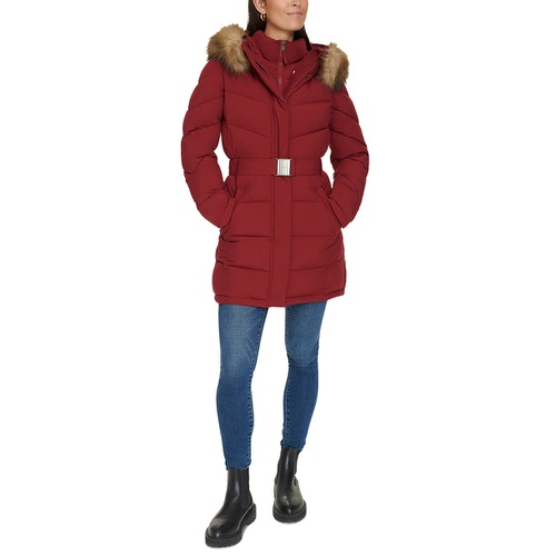 타미힐피거 Womens Faux-Fur-Trim Hooded Puffer Coat