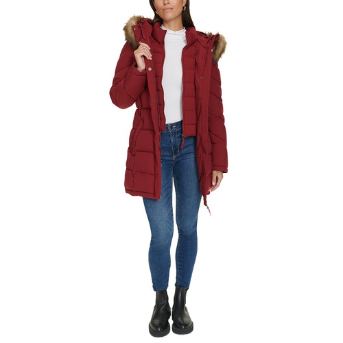 타미힐피거 Womens Faux-Fur-Trim Hooded Puffer Coat