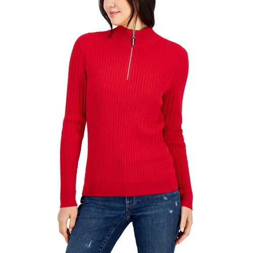 타미힐피거 Womens Cotton Quarter Zip Cable Knit Sweater