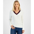 Womens Contrast Stripe V Neck Cable Knit Sweater