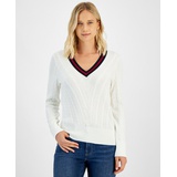 Womens Contrast Stripe V Neck Cable Knit Sweater