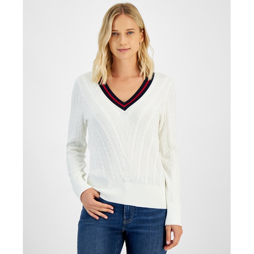 타미힐피거 Womens Contrast Stripe V Neck Cable Knit Sweater